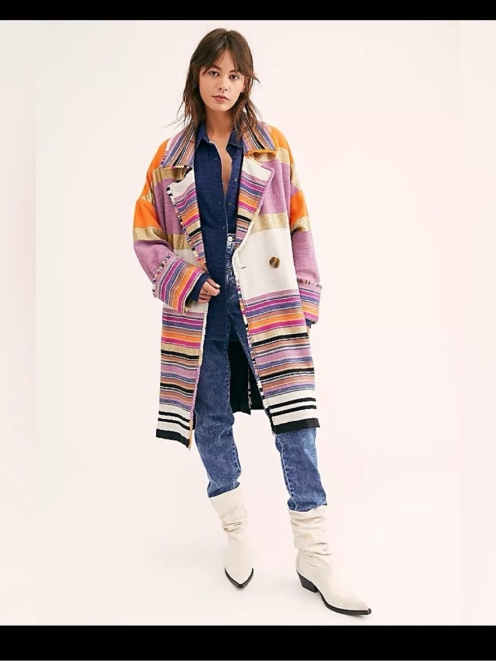 Free People Multi-Color Striped Long Coat